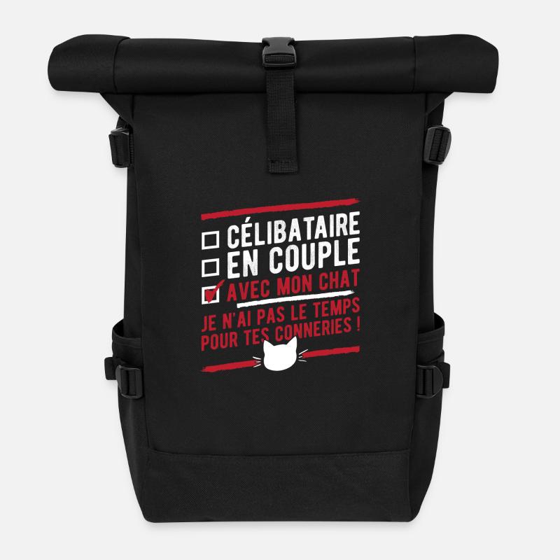 "Célibataire en couple avec mon chat" humour - Sac à dos roll top - noir
