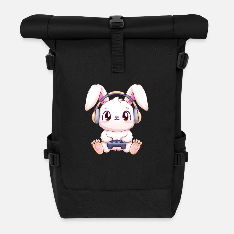 00271 Hase mit Kopfhörer und Controller - Rolltop Rucksack - Schwarz