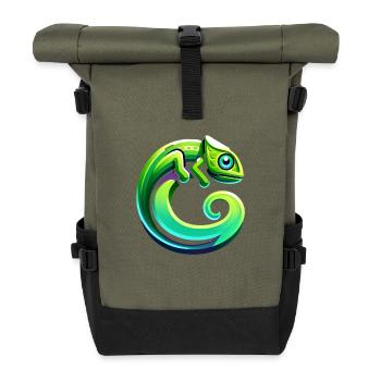 Farbenfrohes Chamäleon mit geschwungenem Schwanz - Rolltop Rucksack - Olive/Schwarz - Vorne
