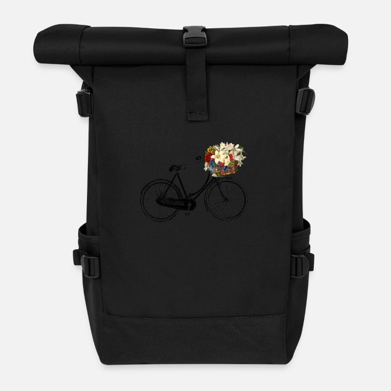Fahrrad mit Blumen - Rolltop Rucksack - Schwarz