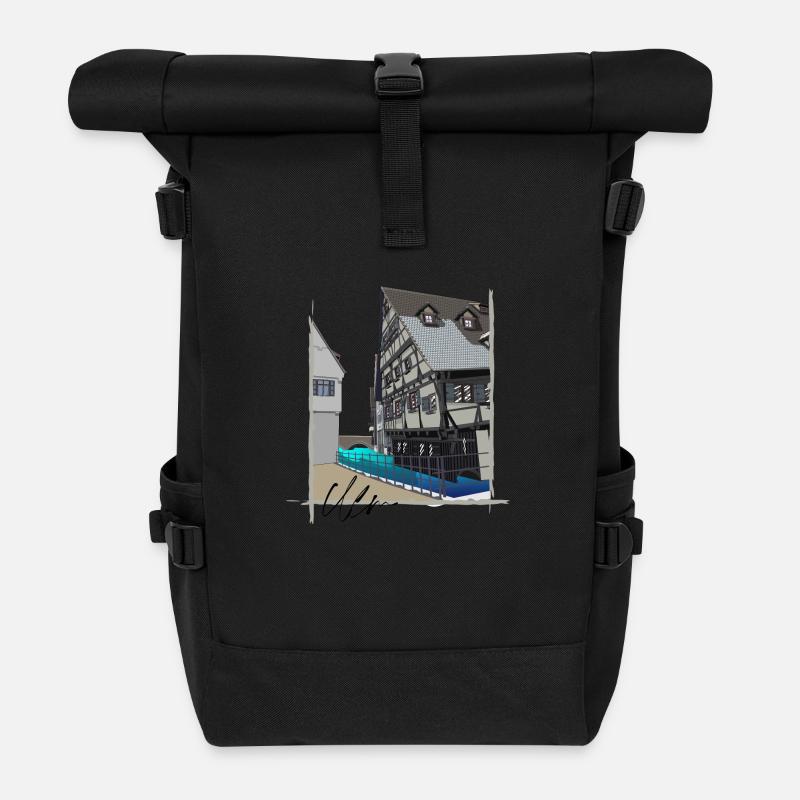 Ulm // Schiefes Haus // Illustration - Rolltop Rucksack - Schwarz