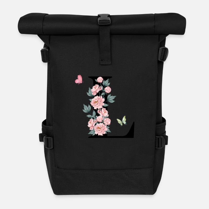 Lettre l fleurs rose - Sac à dos roll top - noir