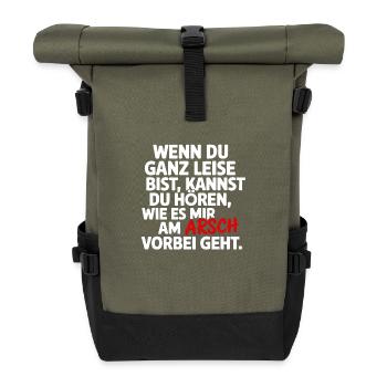 Lustiger Spruch – Mir doch egal! Sarkastisc - Rolltop Rucksack - Olive/Schwarz - Vorne