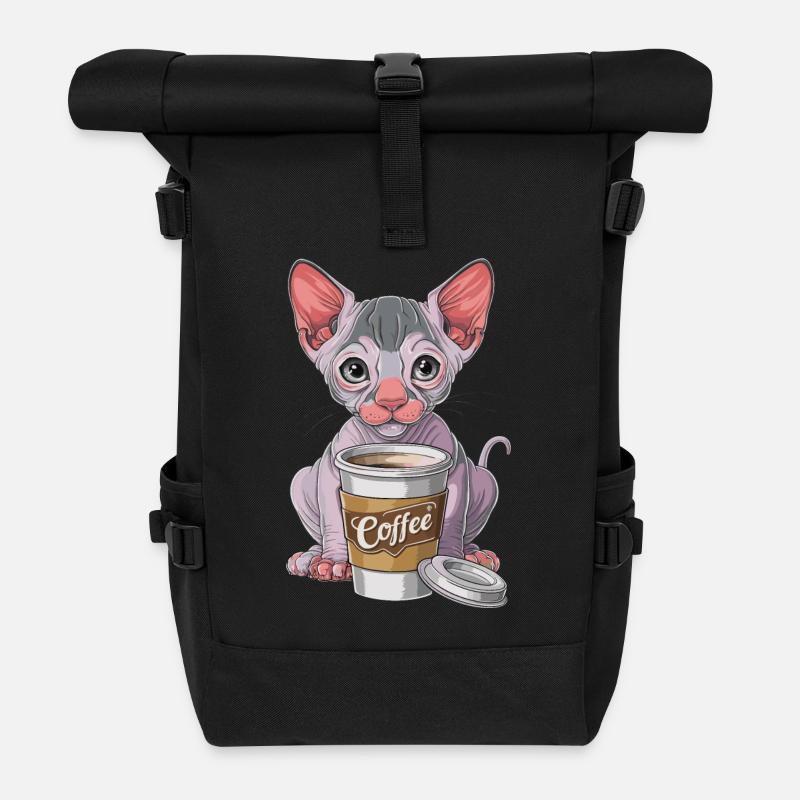 Nacktkatze mit Kaffee - Rolltop Rucksack - Schwarz