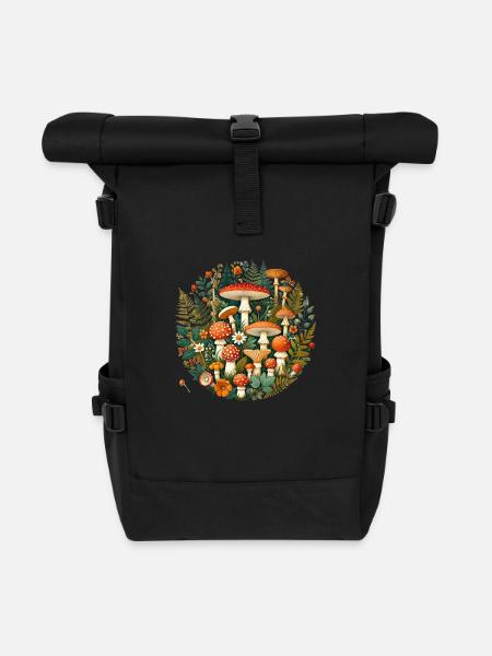 CottageCore Pilzsorten Design verschiedene Pilze - Rolltop Rucksack - Schwarz