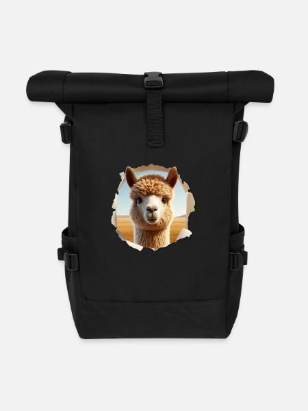 Alpaca Head in Hole 1 - Roll Top Backpack - black