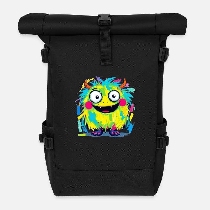 Bunte Monsterkunst - Niedlicher & verspielter Charakter - Rolltop Rucksack - Schwarz