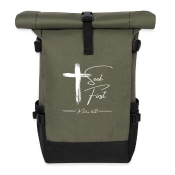Seek First – Matthew 6:33 - Roll Top Backpack - olive/black - Front