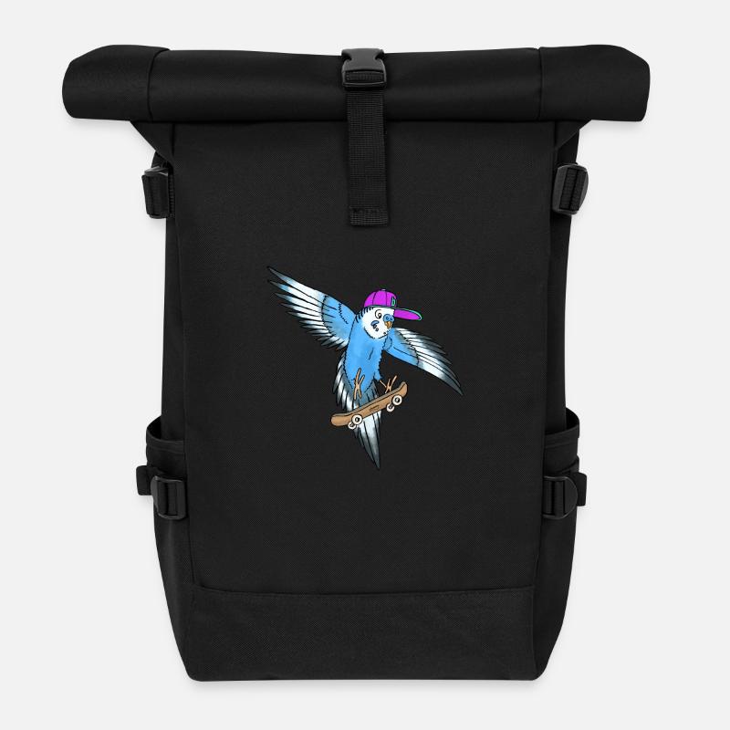 Skateboard Wellensittich (blau, cap lila/türkis) - Rolltop Rucksack - Schwarz