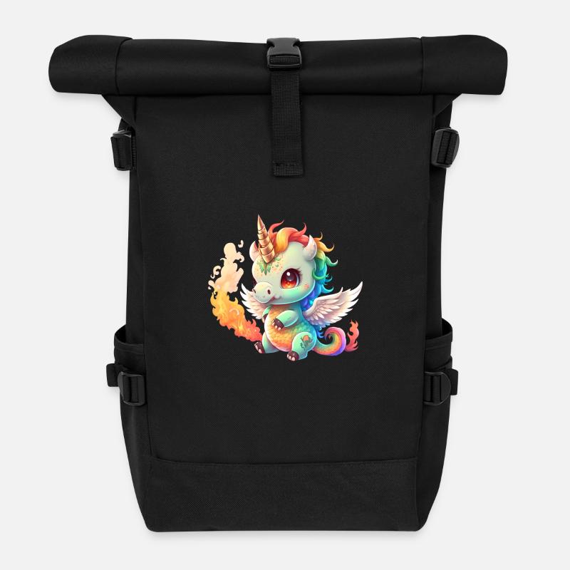 00251 pummeliges Baby Einhorn mit Regenbogenmähne - Rolltop Rucksack - Schwarz