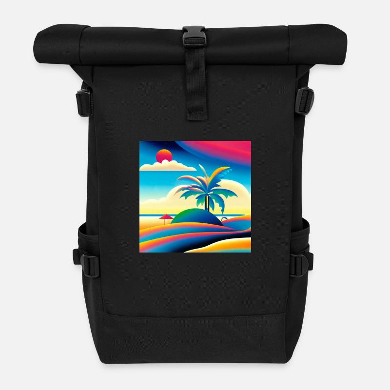 Strand Sonnenuntergang im 80er Stil - Rolltop Rucksack - Schwarz