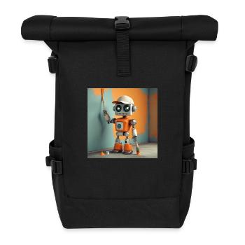 niedlicher kleiner orangefarbener futuristischer Vintage-Roboter - Rolltop Rucksack - Schwarz - Vorne