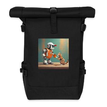 niedlicher kleiner orangefarbener futuristischer Vintage-Roboter - Rolltop Rucksack - Schwarz - Vorne
