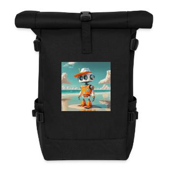 niedlicher kleiner orangefarbener futuristischer Vintage-Roboter - Rolltop Rucksack - Schwarz - Vorne