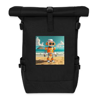 niedlicher kleiner orangefarbener futuristischer Vintage-Roboter - Rolltop Rucksack - Schwarz - Vorne