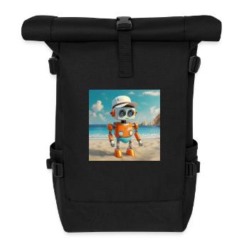 niedlicher kleiner orangefarbener futuristischer Vintage-Roboter - Rolltop Rucksack - Schwarz - Vorne