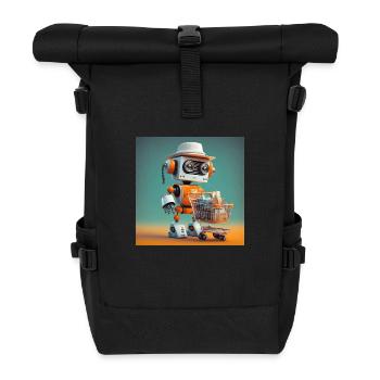 niedlicher kleiner orangefarbener futuristischer Vintage-Roboter - Rolltop Rucksack - Schwarz - Vorne