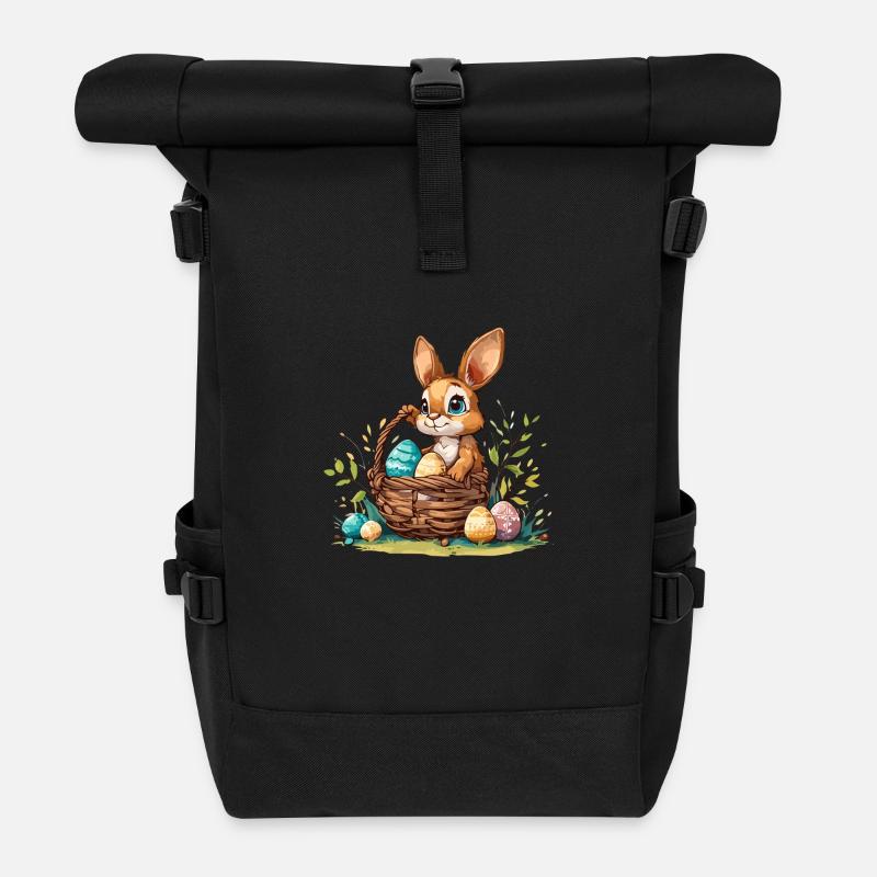 Hase mit einem befüllten Osterkorb mit Eiern - Rolltop Rucksack - Schwarz