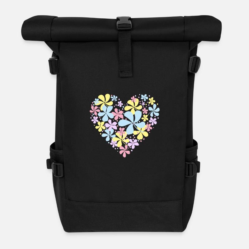 Flower Heart - Roll Top Backpack - black