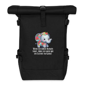 Süßer Elefant mit Blumen und Spruch - Rolltop Rucksack - Schwarz - Vorne