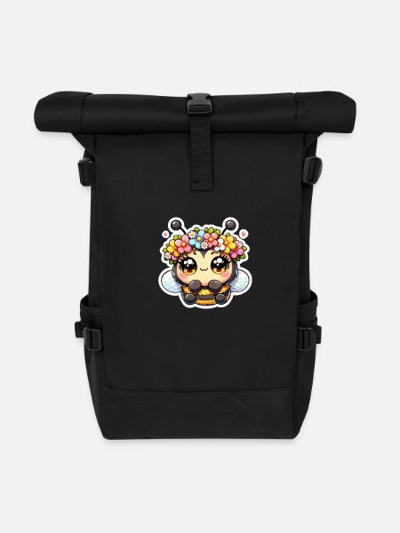 Bee with flower wreath - Roll Top Backpack - black