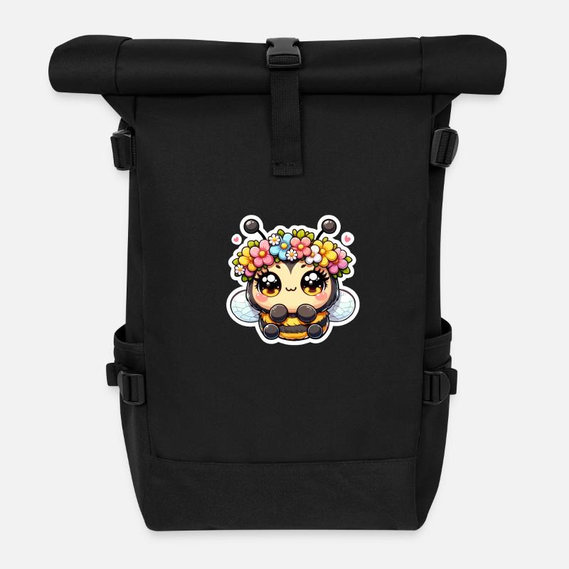 Bee with flower wreath - Roll Top Backpack - black