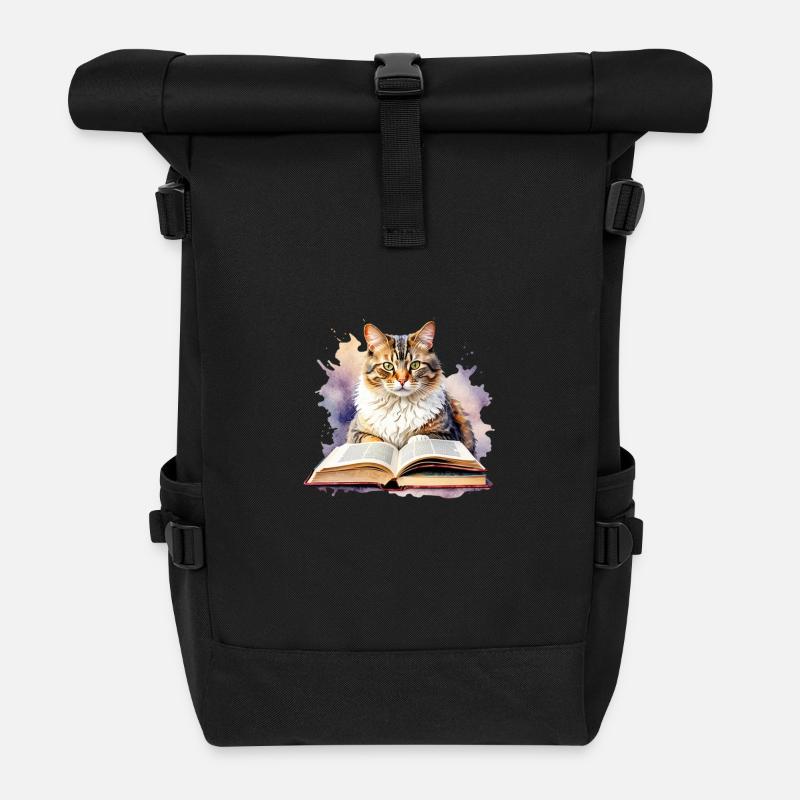 Chat avec livre - Sac à dos roll top - noir