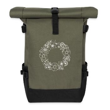 White Floral Wreath - Timeless Elegance in Lines - Roll Top Backpack - olive/black - Front