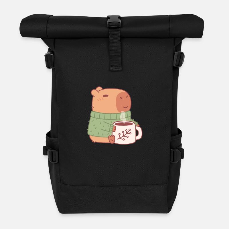 Süßes Capybara im Pullover mit heißem Kaffee - Rolltop Rucksack - Schwarz