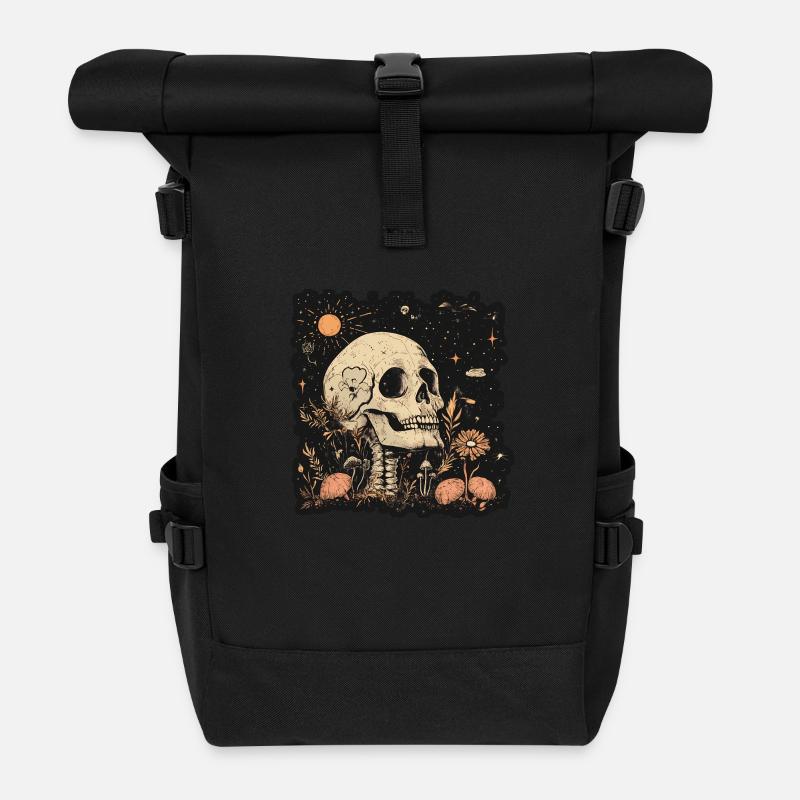 Boho Hippie Skelett im 60er, 70er Jahre Look - Rolltop Rucksack - Schwarz