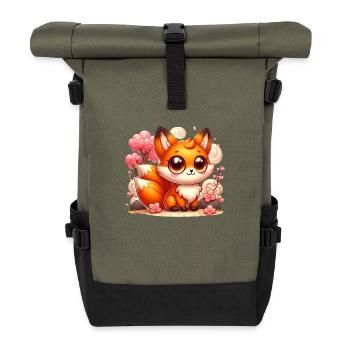 Kawaii Anime Japanischer Fuchs mit Kirschblüten - Rolltop Rucksack - Olive/Schwarz - Vorne