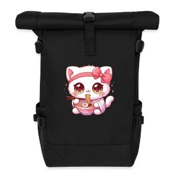 Cute White Cat Eats Ramen Anime Gift Kawaii - Roll Top Backpack - black - Front