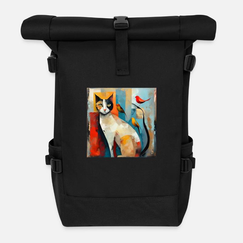 Cat Portraiture with Birds - Roll Top Backpack - black