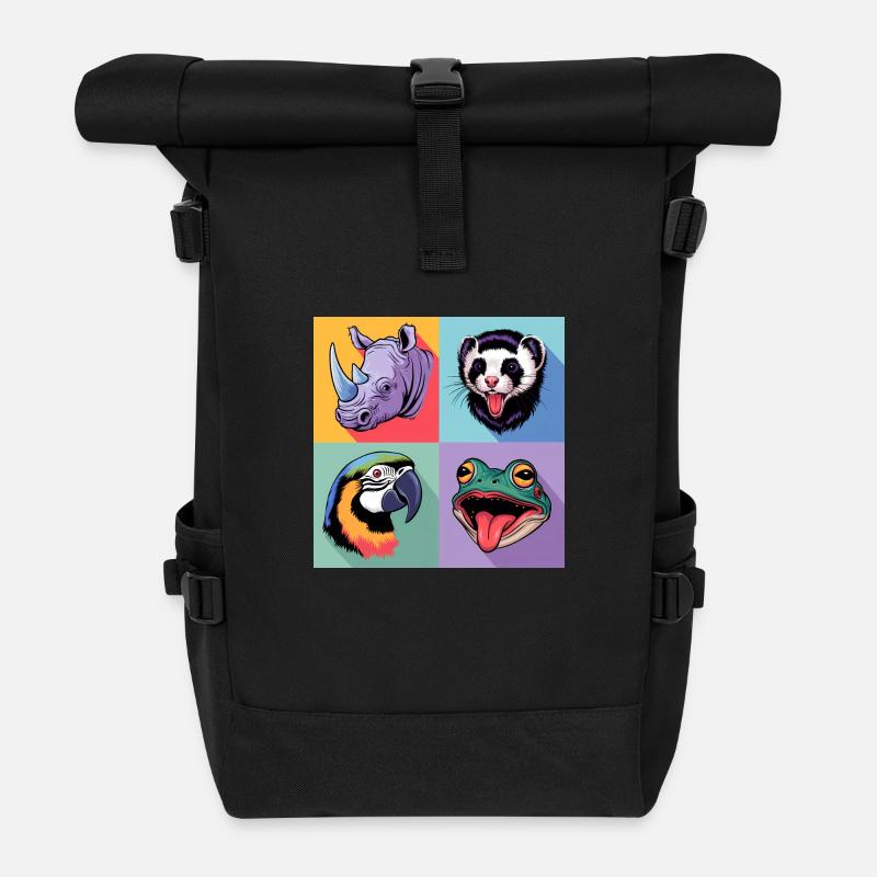 Pop Art Rhinocéros, Perroquet, Grenouille, Opossum, Coloré - Sac à dos roll top - noir