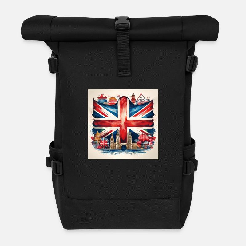 Bold British Union Jack Cityscape Artwork - Roll Top Backpack - black