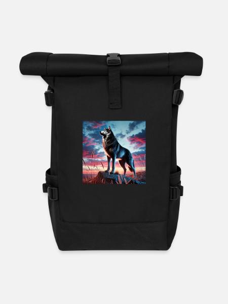 Wolf sunset - Roll Top Backpack - black