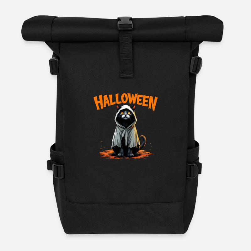 Spooky Cute Black Cat Halloween - Roll Top Backpack - black