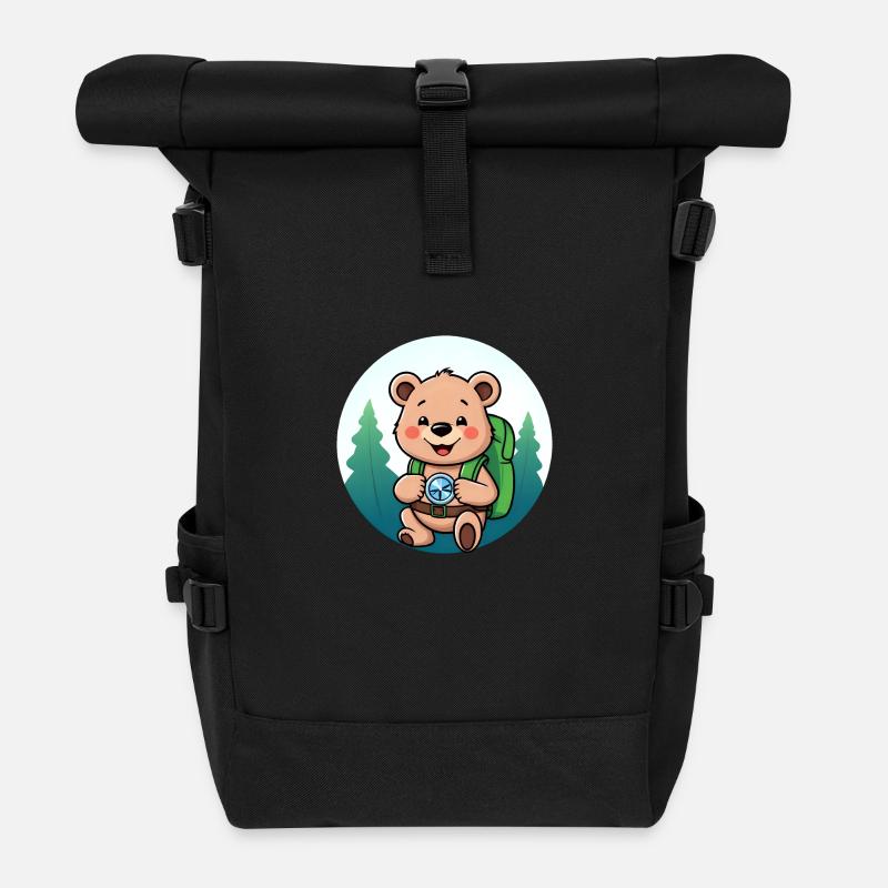 Cozy Bear Exploring Forest Path - Roll Top Backpack - black