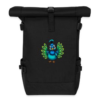 Charmanter blauer Pfau mit Blumenhut - Rolltop Rucksack - Schwarz - Vorne