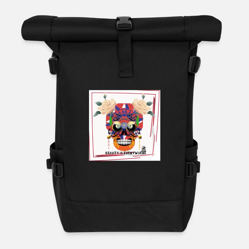 white skull 3 - Roll Top Backpack - black