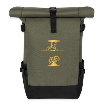 Personalisierter vergoldeter Blumenbuchstabe i - Geschenkidee - Rolltop Rucksack - Olive/Schwarz - Vorne