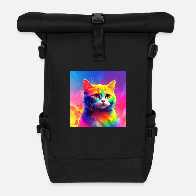 Niedliche regenbogenfarbene Katze - Rolltop Rucksack - Schwarz