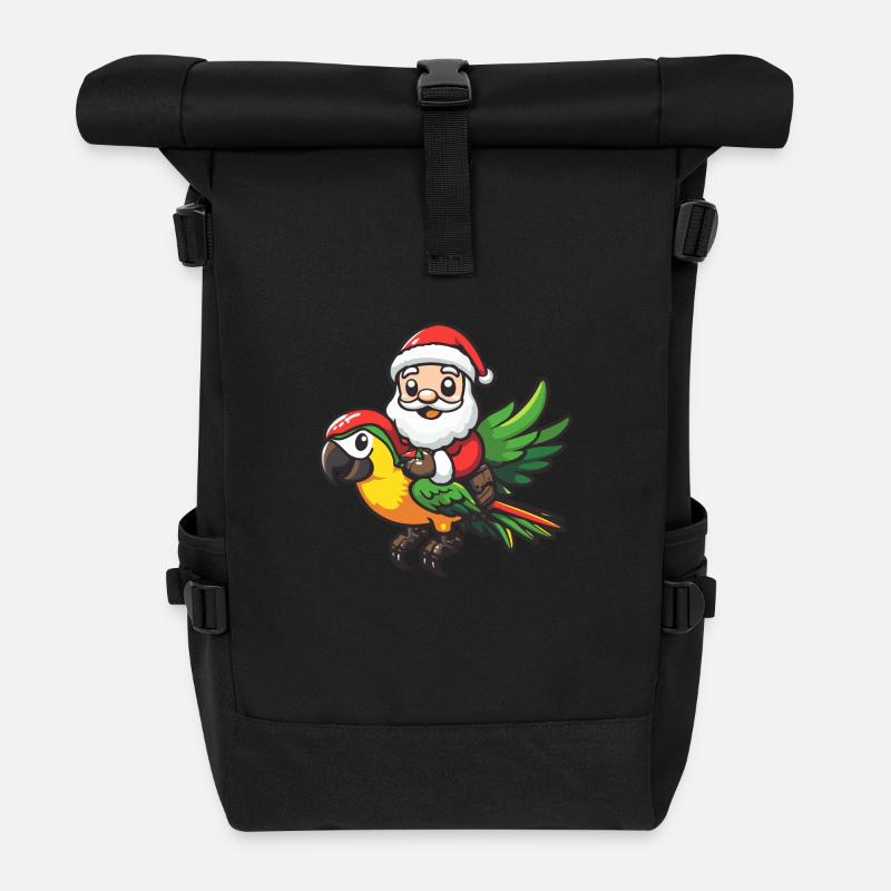 Parrot Santa Claus Cartoon - Roll Top Backpack - black