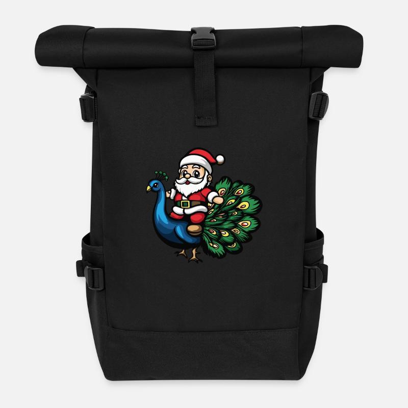 Peacock Bird Santa Claus Cartoon - Roll Top Backpack - black