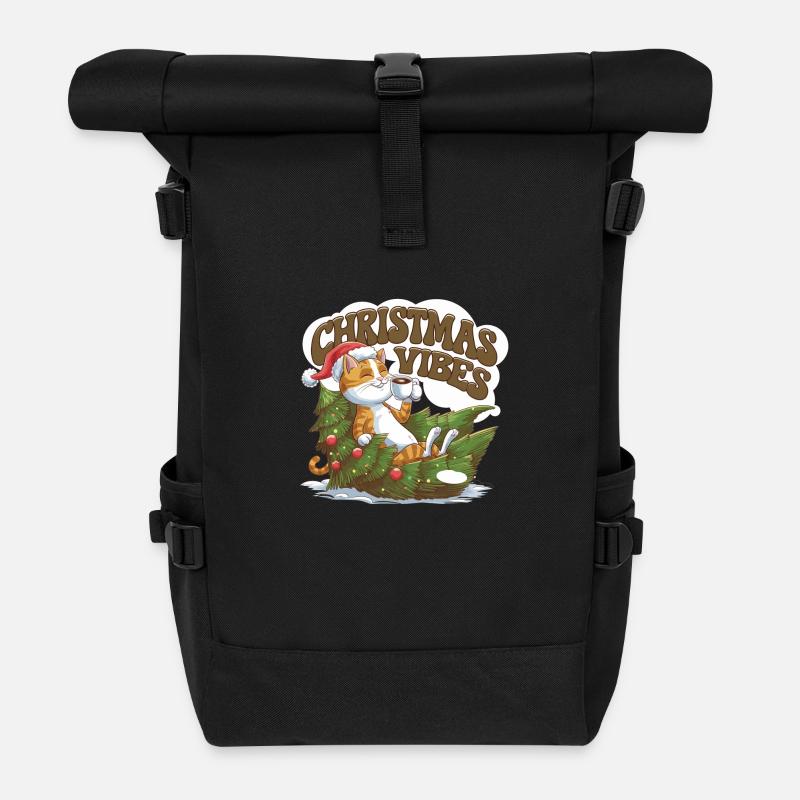 Christmas Vibes, lustiges Weihnachtsdesign Katze - Rolltop Rucksack - Schwarz