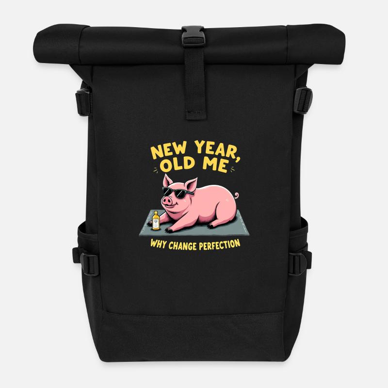 New Year I Funny Joke Pig Relaxing - Roll Top Backpack - black