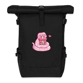 Cute Pink Snake Drinking Bubble Tea - Roll Top Backpack - black - Front