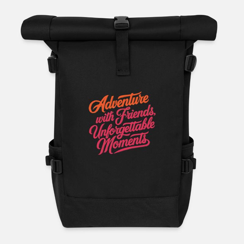Adventure with Friends travel quote text art - Roll Top Backpack - black