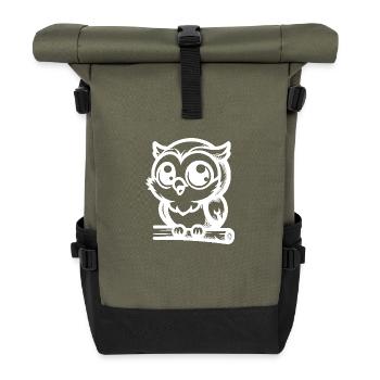Niedliche Cartoon Eule für Kinder Eulenmotiv - Rolltop Rucksack - Olive/Schwarz - Vorne