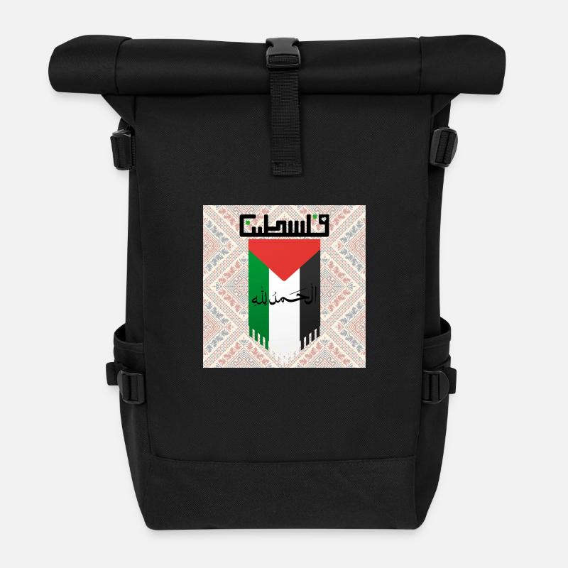 Palestinian Flag with Cultural Patterns - Roll Top Backpack - black